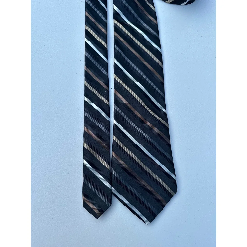 Nicole Miller New York Mens Silk Necktie Black Grey Bronze Striped Formal Tie
